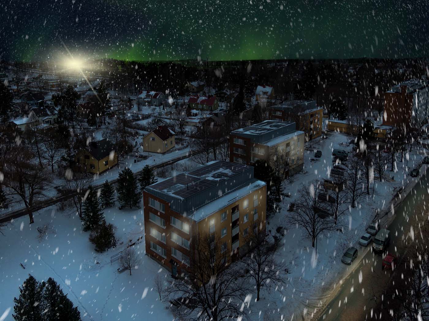 Ilmakuva yö aikaan Koivistonkylästä.